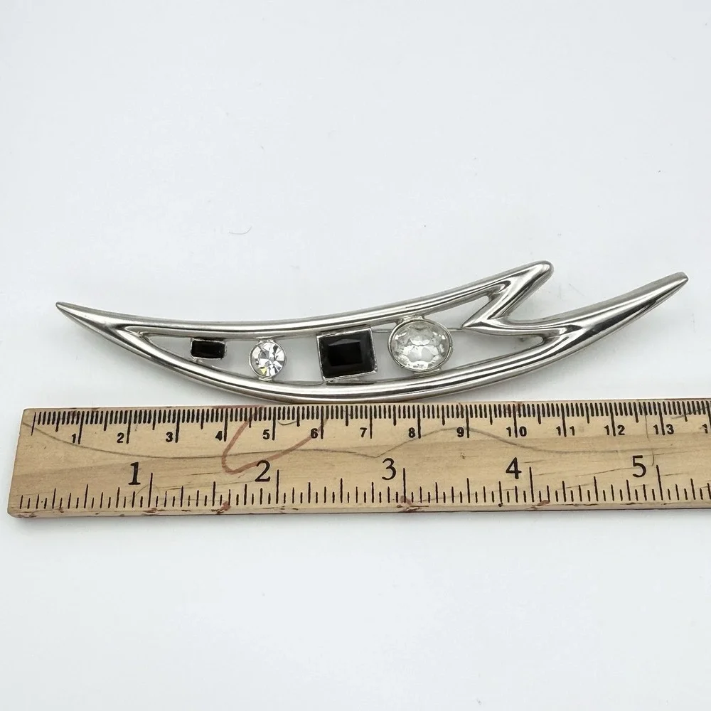Large Modernist Bar Brooch Silver Tone Black Clear Rhinestone 5.25
